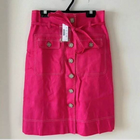 NWT J Crew Women's Pink Linen Pocket Utility Waist Tie Midi Stretch Button Skirt - Picture 2 of 16